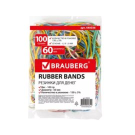 Резинки банковские универсальные диаметром 60 мм, BRAUBERG 100 г, цветные, натуральный каучук,440036